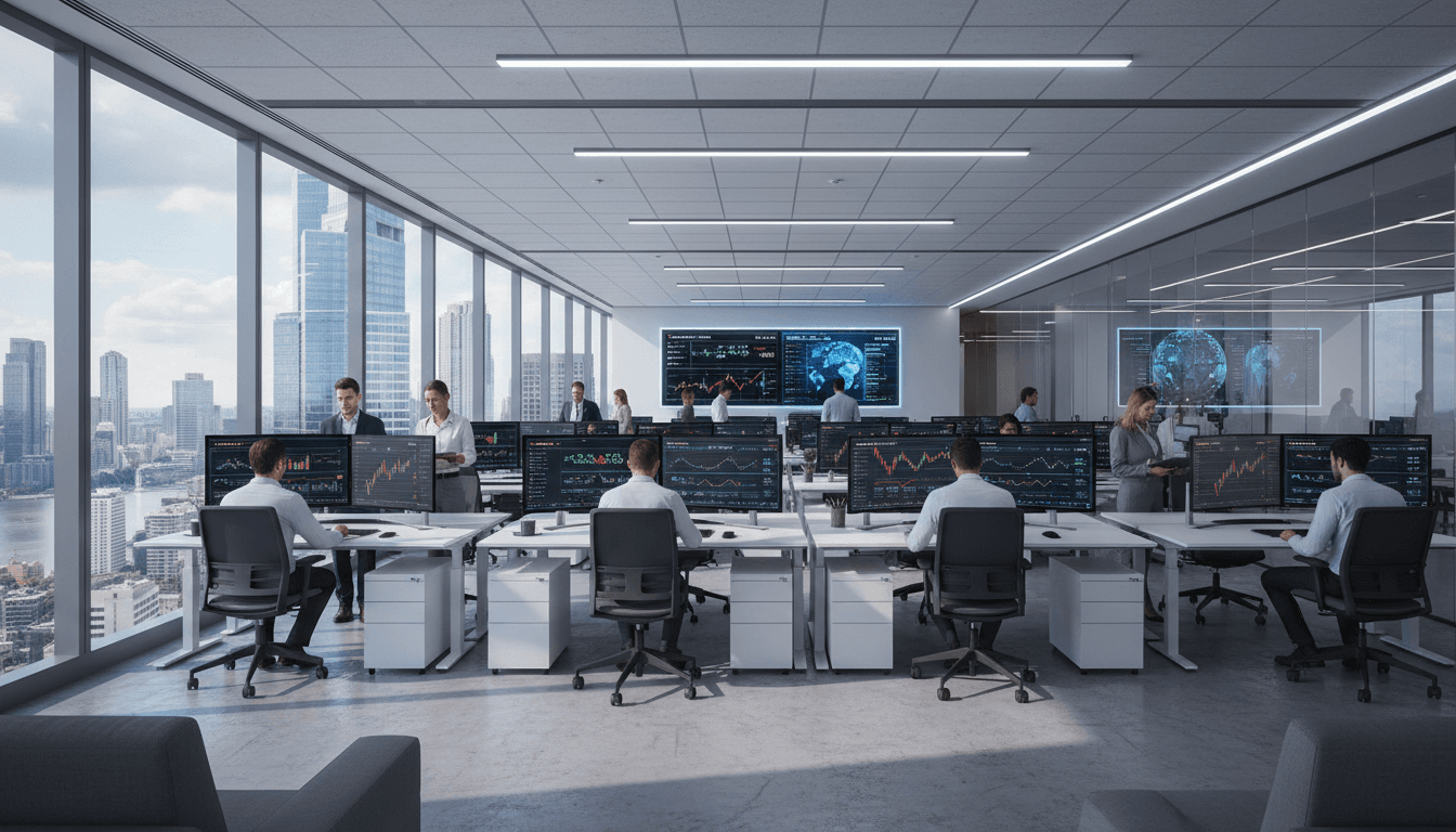 Espace de trading moderne avec professionnels surveillant les marchés financiers mondiaux dans les bureaux de KORI SA à Douala